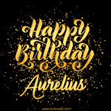 Animated GIF with colorful, festive 'Happy Birthday Aurelius' text decorated with patterns, a party hat, and falling confetti. A vibrant and cheerful design for birthday celebrations.