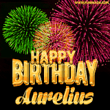 A captivating GIF with bursts of green, pink, and orange fireworks lighting up the night sky, accompanied by 'Happy Birthday Aurelius' in glowing golden text.