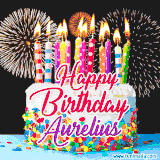 A lively happy birthday animated GIF showcasing a colorful birthday cake covered in sprinkles, topped with glowing candles, and surrounded by vibrant fireworks. The name 'Aurelius' is featured in elegant script.