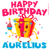 A funny animated birthday GIF with the words 'Happy Birthday Aureliusa', colorful gift box with arms and legs, holding a cupcake with a lit candle  with confetti everywhere.