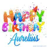 Animated GIF with colorful, festive 'Happy Birthday Aurelius' text decorated with patterns, a party hat, and falling confetti. A vibrant and cheerful design for birthday celebrations.