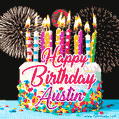 Amazing Animated GIF Image for Austin with Birthday Cake and Fireworks