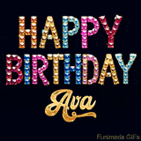 Vibrant luxury birthday greeting card for Ava, showing glittering gemstone letters and golden calligraphy on a dark background with twinkling shine effects.