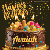 A delightful chocolate birthday cake with bright candles and 'Happy Birthday Avaiah' written in gold amidst a shower of animated stars.