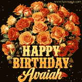 Animated bouquet of orange roses with moving butterfles and golden 'Happy Birthday Avaiah' text, surrounded by sparkling accents and a dark backdrop for a luxurious feel.