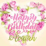 A stunning heart made of pink roses surrounds the elegant script text 'Happy Birthday Avaiah' on a soft beige background. Animated sparkles add a magical and festive feel.