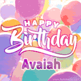 A vibrant name GIF featuring colorful balloons in shades of pink, orange, and yellow with the bold text 'Happy Birthday Avaiah' in festive fonts, creating a lively birthday vibe.