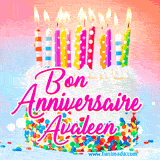 A white birthday cake covered in colorful sprinkles, topped with bright candles, and French text 'Bon Anniversaire Avaleen' on a pastel gradient background in an animated GIF.
