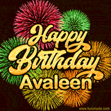 Golden text reading 'Happy Birthday Avaleen' surrounded by vibrant fireworks in red, green, and yellow, set against a dark background in this celebratory birthday GIF.