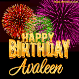 A golden 'Happy Birthday Avaleen' message with vibrant fireworks in the background, creating a festive and celebratory vibe in this animated name GIF.