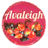 Beautifully decorated red velvet berry birthday cake with vibrant fruits and a glowing 'Avaleigh' name, adding a touch of sweetness and sparkle.