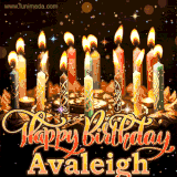 A glowing personalized birthday GIF with name Avaleigh featuring lit candles with intricate designs, warm lighting, and the text 'Happy Birthday' in an elegant font.