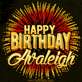 Golden 'Happy Birthday Avaleigh' text accompanied by animated rainbow fireworks for a festive animated greeting.