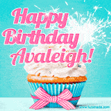 A festive cupcake with pink icing, a gingham bow, and a lit animated sparkler, paired with 'Happy Birthday Avaleigh!' in bright pink text.