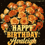 Animated bouquet of orange roses with moving butterfles and golden 'Happy Birthday Avaleigh' text, surrounded by sparkling accents and a dark backdrop for a luxurious feel.