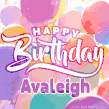 A vibrant name GIF featuring colorful balloons in shades of pink, orange, and yellow with the bold text 'Happy Birthday Avaleigh' in festive fonts, creating a lively birthday vibe.