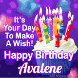 A colorful birthday GIF for Avalene featuring a cupcake with vibrant lit candles and the text 'It's Your Day to Make a Wish! Happy Birthday Avalene' in bold letters on a festive purple background.