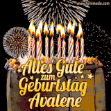 A chocolate birthday cake with glowing candles, the German text 'Alles Gute zum Geburtstag Avalene,' and vibrant fireworks lighting up the background in an animated GIF.