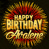 Golden 'Happy Birthday Avalene' text accompanied by animated rainbow fireworks for a festive animated greeting.