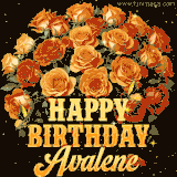 Animated bouquet of orange roses with moving butterfles and golden 'Happy Birthday Avalene' text, surrounded by sparkling accents and a dark backdrop for a luxurious feel.