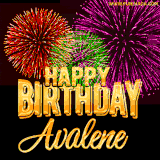 A golden 'Happy Birthday Avalene' message with vibrant fireworks in the background, creating a festive and celebratory vibe in this animated name GIF.