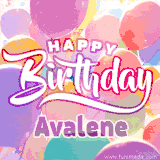 A vibrant name GIF featuring colorful balloons in shades of pink, orange, and yellow with the bold text 'Happy Birthday Avalene' in festive fonts, creating a lively birthday vibe.