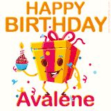 A vibrant and funny gift box character with a happy face dancing with a cupcake and the text 'Happy Birthday Avalene,' surrounded by animated confetti and party vibes.