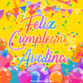 A bright and festive GIF with the text 'Feliz Cumpleaños Avalina' in Spanish in colorful fonts, surrounded by confetti, balloons, and festive banners on a vibrant yellow background.