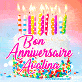 A white birthday cake covered in colorful sprinkles, topped with bright candles, and French text 'Bon Anniversaire Avalina' on a pastel gradient background in an animated GIF.
