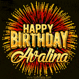 Golden 'Happy Birthday Avalina' text accompanied by animated rainbow fireworks for a festive animated greeting.