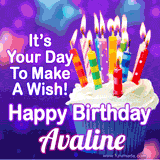 A colorful birthday GIF for Avaline featuring a cupcake with vibrant lit candles and the text 'It's Your Day to Make a Wish! Happy Birthday Avaline' in bold letters on a festive purple background.