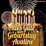 A chocolate birthday cake with glowing candles, the German text 'Alles Gute zum Geburtstag Avaline,' and vibrant fireworks lighting up the background in an animated GIF.