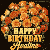 Animated bouquet of orange roses with moving butterfles and golden 'Happy Birthday Avaline' text, surrounded by sparkling accents and a dark backdrop for a luxurious feel.