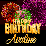 A golden 'Happy Birthday Avaline' message with vibrant fireworks in the background, creating a festive and celebratory vibe in this animated name GIF.