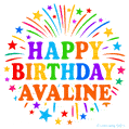 Happy Birthday Avaline' GIF with rainbow-colored letters, colorful stars, and fireworks on white background.