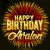 Golden 'Happy Birthday Avalon' text accompanied by animated rainbow fireworks for a festive animated greeting.