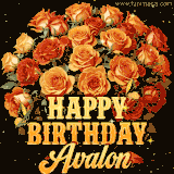 Animated bouquet of orange roses with moving butterfles and golden 'Happy Birthday Avalon' text, surrounded by sparkling accents and a dark backdrop for a luxurious feel.