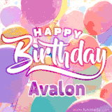 A vibrant name GIF featuring colorful balloons in shades of pink, orange, and yellow with the bold text 'Happy Birthday Avalon' in festive fonts, creating a lively birthday vibe.