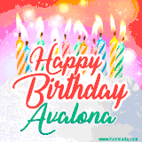 Bright birthday candles with rainbow flames on a cake, alongside the text 'Happy Birthday Avalona' in vibrant script in this celebratory animated GIF.