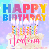 A vibrant animated name GIF with the words 'Happy Birthday Avalona' with colorful candles on a creamy cake. The background sparkles with pastel shades, adding a festive touch.