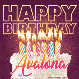 A colorful birthday cake topped with lit candles, with the words 'Happy Birthday Avalona' in bold glowing letters on a burgundy background. Animated flames add a festive touch.