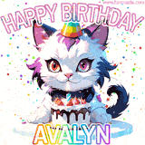 Adorable party-themed animated cat next to a lit birthday cake with text that says 'Happy Birthday Avalyn,' surrounded by colorful decorations and sparkles.