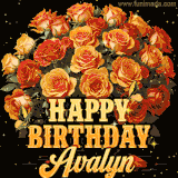 Animated bouquet of orange roses with moving butterfles and golden 'Happy Birthday Avalyn' text, surrounded by sparkling accents and a dark backdrop for a luxurious feel.