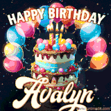Bright birthday animation for Avalyn with a chocolate cake, candles, balloons, and glowing celebratory lights.