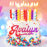 A cheerful white birthday cake with multicolor sprinkles, lit candles, and 'Avalyn' written in vibrant letters, in an animated GIF.