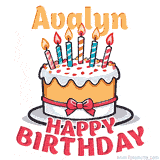 Cartoon birthday cake with a red bow, glowing candles, and 'Avalyn Happy Birthday' text in bold animated style.