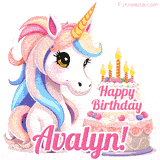 An adorable animated unicorn with soft pastel colors sits beside a birthday cake with glowing candles, and a pink 'Happy Birthday Avalyn!' words.
