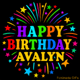 Personalized greeting card with name, colorful text that says 'Happy Birthday Avalyn' surrounded by animated fireworks and multicolor stars