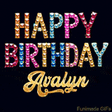Vibrant luxury birthday greeting card for Avalyn, showing glittering gemstone letters and golden calligraphy on a dark background with twinkling shine effects.