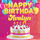 Pink-themed animated greeting with balloons, confetti, and a frosted cake under the message 'Happy Birthday Avalyn' in bold rounded yellow font.